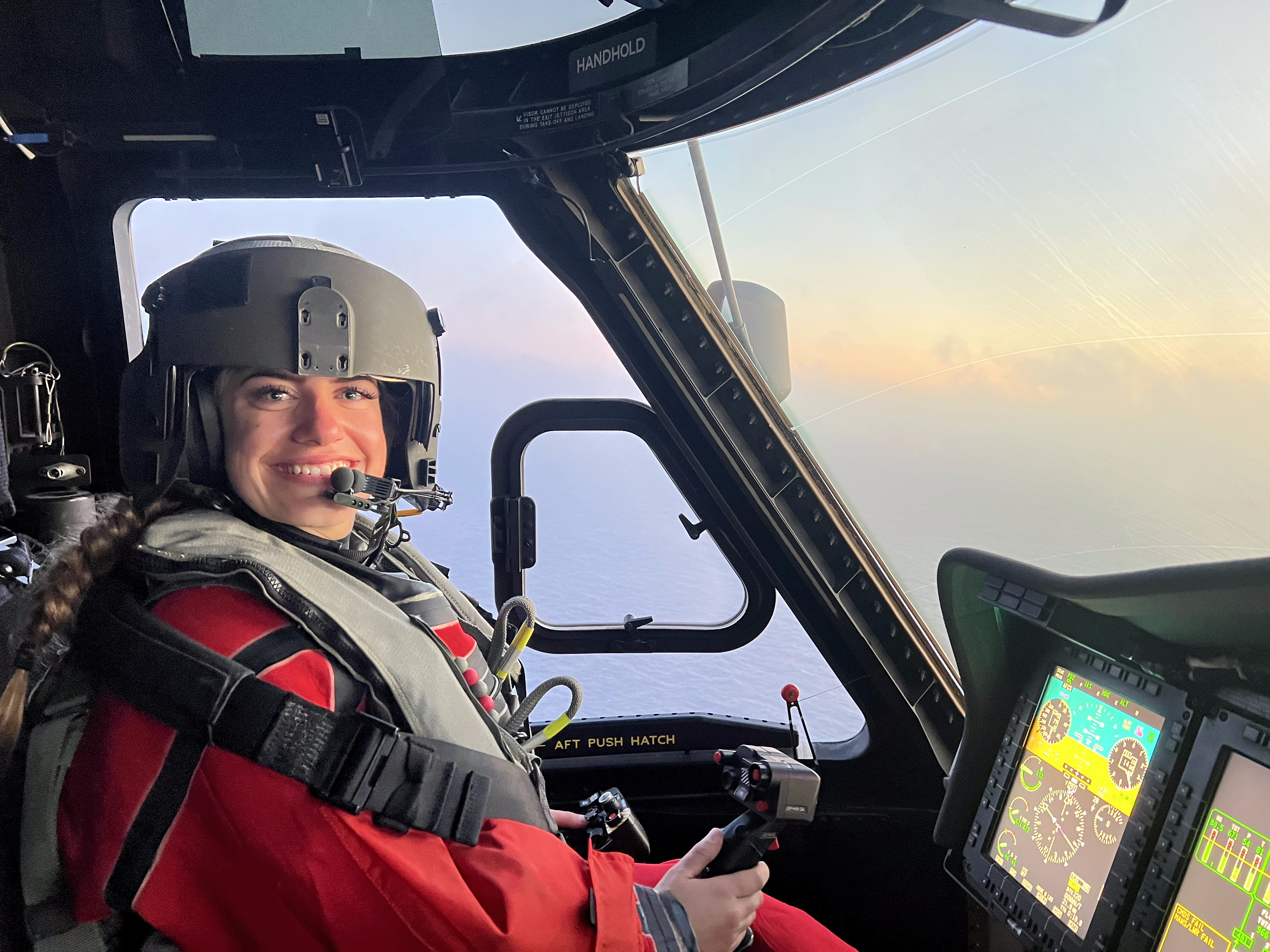 Vanessa Waugh in the cockpit of a CH-148 Cyclone helicopter during Operation Latitude